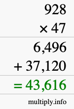 How to calculate 928 times 47 using long multiplication