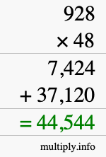 How to calculate 928 times 48 using long multiplication