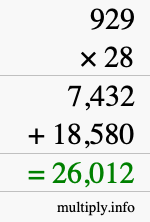 How to calculate 929 times 28 using long multiplication