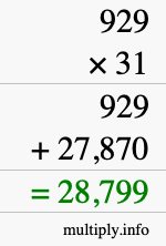 How to calculate 929 times 31 using long multiplication