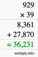 How to calculate 929 times 39 using long multiplication