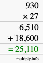 How to calculate 930 times 27 using long multiplication