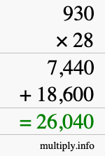 How to calculate 930 times 28 using long multiplication