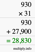 How to calculate 930 times 31 using long multiplication
