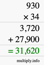 How to calculate 930 times 34 using long multiplication