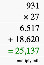 How to calculate 931 times 27 using long multiplication