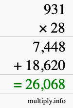 How to calculate 931 times 28 using long multiplication