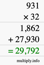 How to calculate 931 times 32 using long multiplication