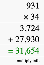 How to calculate 931 times 34 using long multiplication