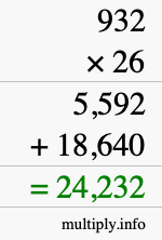 How to calculate 932 times 26 using long multiplication
