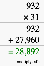 How to calculate 932 times 31 using long multiplication