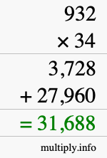 How to calculate 932 times 34 using long multiplication
