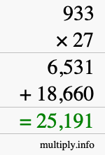How to calculate 933 times 27 using long multiplication
