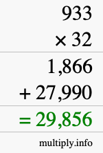 How to calculate 933 times 32 using long multiplication