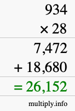 How to calculate 934 times 28 using long multiplication