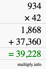How to calculate 934 times 42 using long multiplication