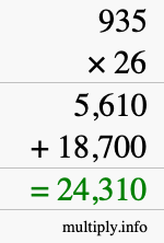 How to calculate 935 times 26 using long multiplication