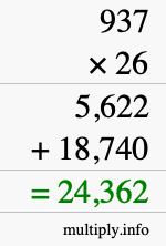 How to calculate 937 times 26 using long multiplication