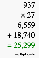 How to calculate 937 times 27 using long multiplication