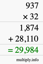 How to calculate 937 times 32 using long multiplication
