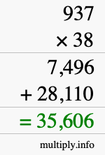 How to calculate 937 times 38 using long multiplication