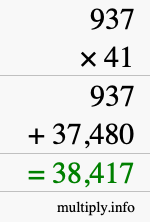 How to calculate 937 times 41 using long multiplication
