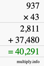 How to calculate 937 times 43 using long multiplication