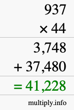 How to calculate 937 times 44 using long multiplication