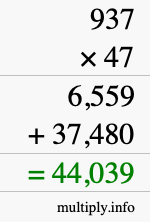 How to calculate 937 times 47 using long multiplication