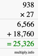 How to calculate 938 times 27 using long multiplication