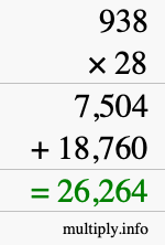 How to calculate 938 times 28 using long multiplication