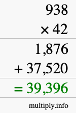 How to calculate 938 times 42 using long multiplication