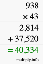 How to calculate 938 times 43 using long multiplication