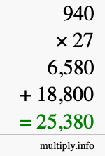 How to calculate 940 times 27 using long multiplication