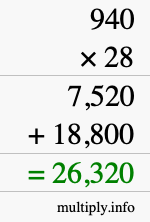 How to calculate 940 times 28 using long multiplication