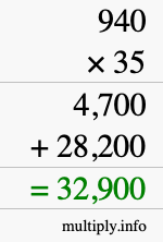 How to calculate 940 times 35 using long multiplication