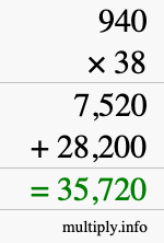How to calculate 940 times 38 using long multiplication