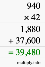 How to calculate 940 times 42 using long multiplication