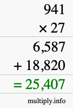 How to calculate 941 times 27 using long multiplication