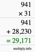 How to calculate 941 times 31 using long multiplication