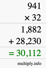 How to calculate 941 times 32 using long multiplication