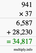 How to calculate 941 times 37 using long multiplication