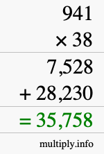 How to calculate 941 times 38 using long multiplication