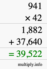 How to calculate 941 times 42 using long multiplication