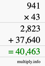 How to calculate 941 times 43 using long multiplication