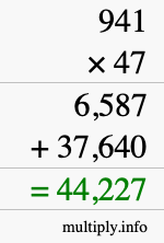 How to calculate 941 times 47 using long multiplication