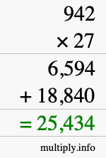 How to calculate 942 times 27 using long multiplication