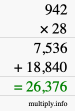 How to calculate 942 times 28 using long multiplication