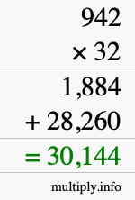 How to calculate 942 times 32 using long multiplication