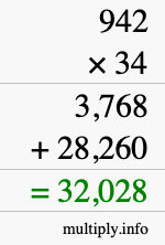 How to calculate 942 times 34 using long multiplication